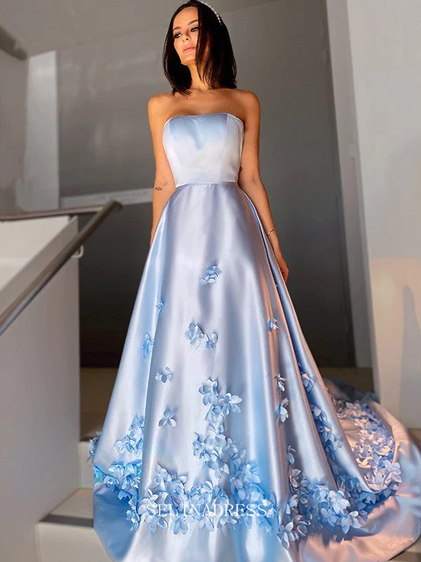 Chic A-line Strapless Light Sky Blue Long Prom Dresses Simple Satin Evening Dresses Pageant Dress TKL069