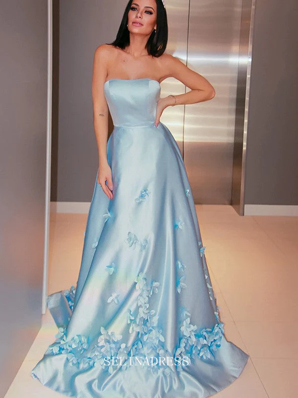 Chic A-line Strapless Light Sky Blue Long Prom Dresses Simple Satin Evening Dresses Pageant Dress TKL069