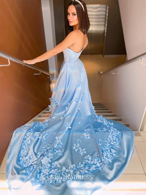 Chic A-line Strapless Light Sky Blue Long Prom Dresses Simple Satin Evening Dresses Pageant Dress TKL069