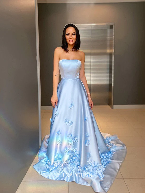 Chic A-line Strapless Light Sky Blue Long Prom Dresses Simple Satin Evening Dresses Pageant Dress TKL069