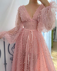 Chic A-line Long Sleeve V Neck Prom Dress Pink Evening Dress ASSD025|Selinadress