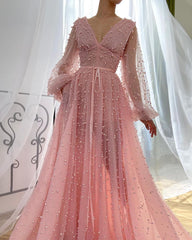 Chic A-line Long Sleeve V Neck Prom Dress Pink Evening Dress ASSD025|Selinadress