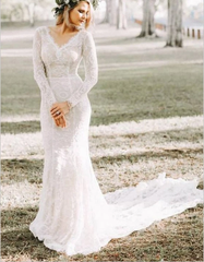 Mermaid V neck Long Sleeve Wedding Dresses Rustic Lace Wedding Gowns SEW037|Selinadress