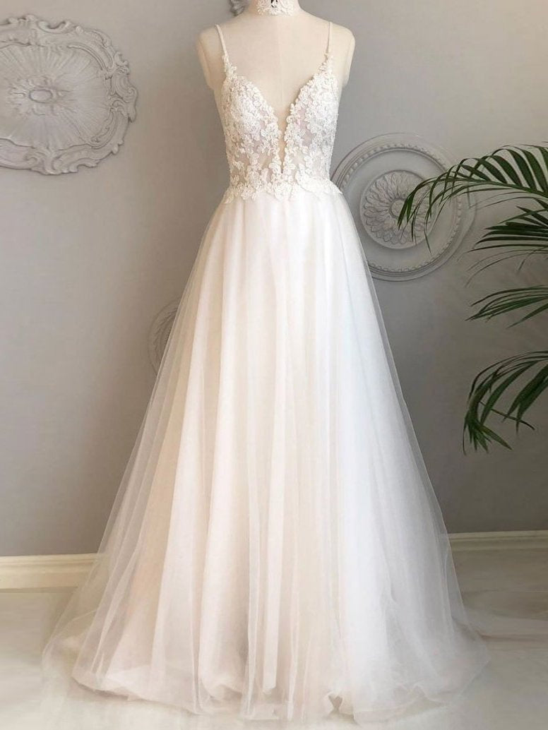 A Line Spaghetti Straps Beach Wedding Dresses Lace Wedding Gowns SED352