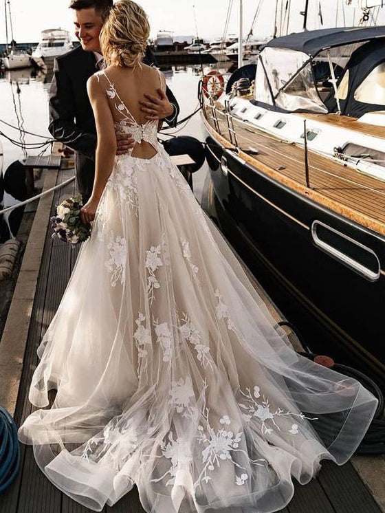 Romantic Lace Top Chiffon Backless Boho Wedding Dress A Line