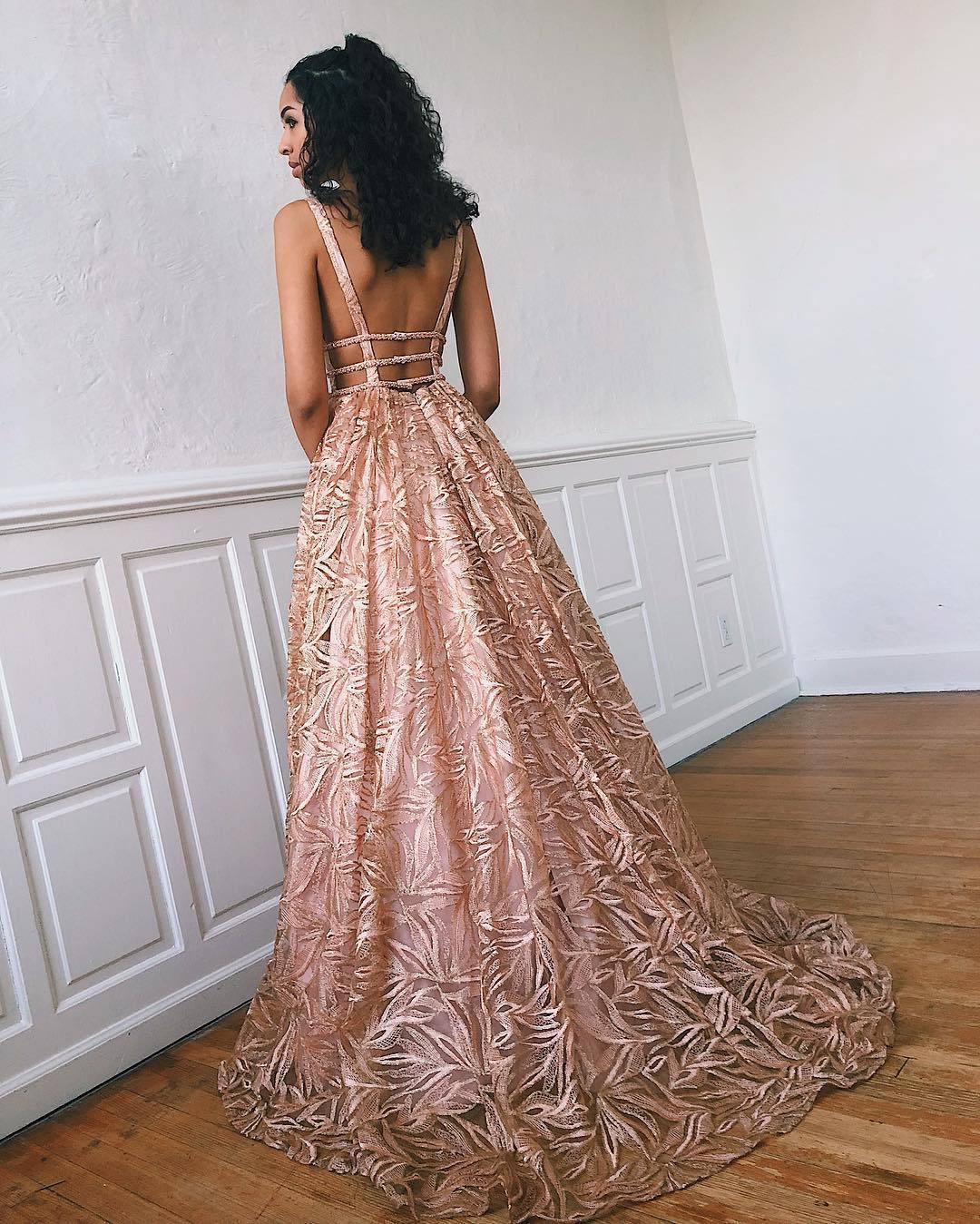 A-line V neck Pink Long Prom Dresses Lace Evening Dress SED511|Selinadress