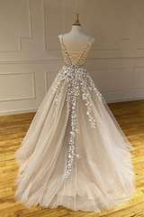 A-line Scoop Champagne Applique Long Prom Dresses Cheap Evening Dress SED539|Selinadress