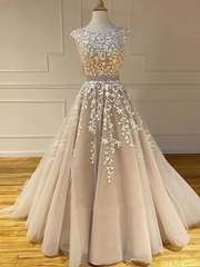 A-line Scoop Champagne Applique Long Prom Dresses Cheap Evening Dress SED539|Selinadress