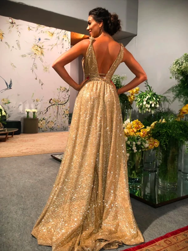 Chic A-line Gold Sparkly V neck Long Prom Dresses Evening Dress GKS204|Selinadress