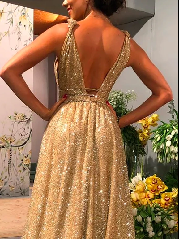 Chic A-line Gold Sparkly V neck Long Prom Dresses Evening Dress GKS204|Selinadress