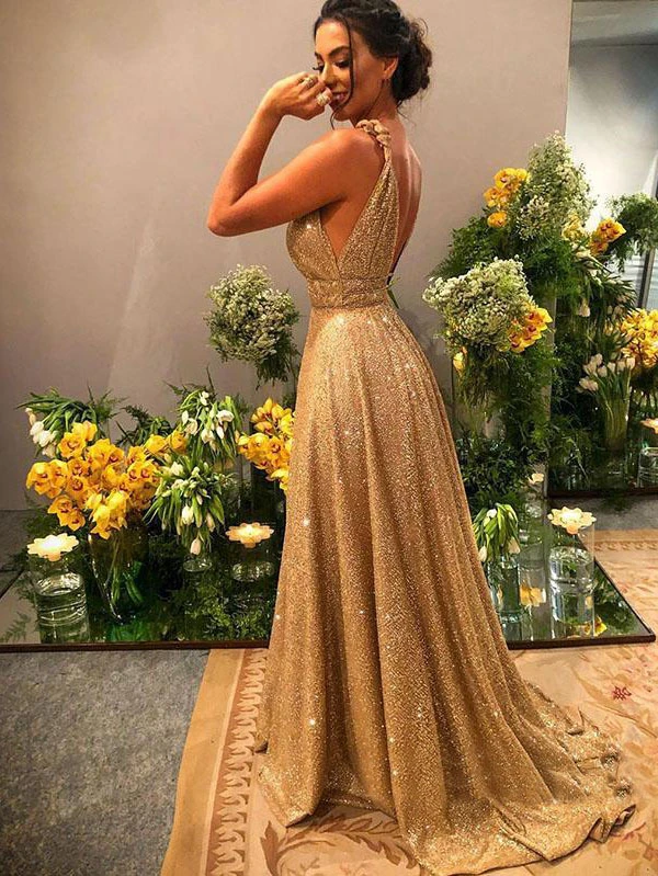 Chic A-line Gold Sparkly V neck Long Prom Dresses Evening Dress GKS204|Selinadress