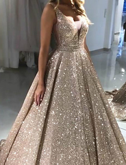 Chic A-line V neck Long Sparkly Gold Prom Dresses Evening Dress GKS207|Selinadress