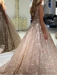 Chic A-line V neck Long Sparkly Gold Prom Dresses Evening Dress GKS207|Selinadress