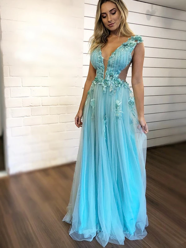 Tiffany Blue Handmade Flower Applique Tulle Charming Prom Dresses SED298