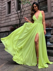 A-Line V-Neck Bright Yellow Chiffon Slip Summer Wedding Bridesmaid Dresses SED300