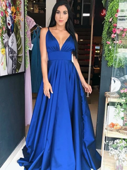 A-line Spaghetti Strap Royal Blue Satin V-Neck Cheap Prom Dresses SED302