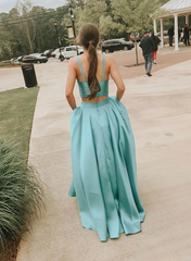 Chic A-line Two Pieces Long Prom Dress Cheap Turquoise Evening Dress SED277