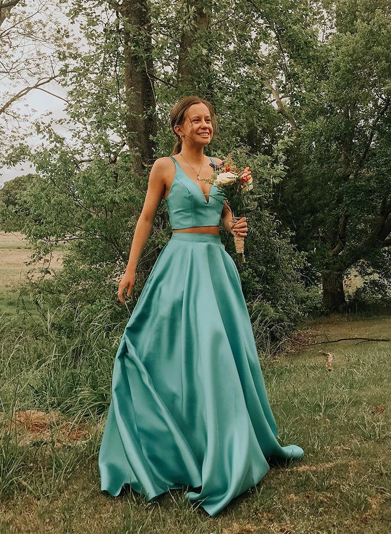 Chic A-line Two Pieces Long Prom Dress Cheap Turquoise Evening Dress SED277