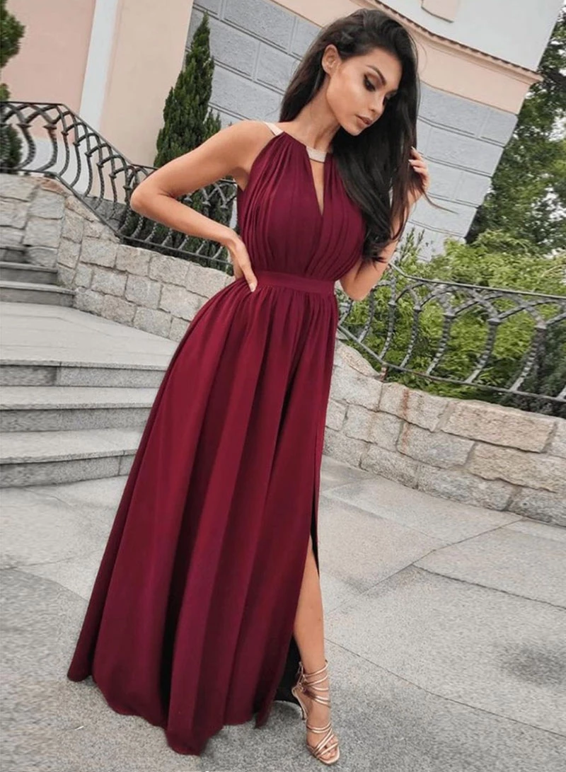 Chic A-line Burgundy Long Prom Dress Chiffon Cheap Evening Dress SED278