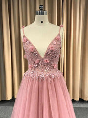 Chic Pink Spaghetti Straps Lace Long Prom Dress Beaded Evening Dresses SED271