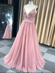 Chic Pink Spaghetti Straps Lace Long Prom Dress Beaded Evening Dresses SED271