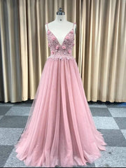 Chic Pink Spaghetti Straps Lace Long Prom Dress Beaded Evening Dresses SED271