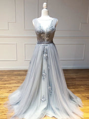 Dusty Blue Bateau Long Prom Dresses Embroidery Evening Dress Formal Gowns SED272