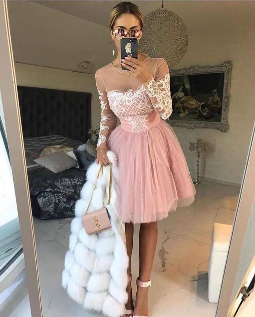 A line Scoop Pink Lace Short Prom Dress Long Sleeve Homecoming Dress MHL086