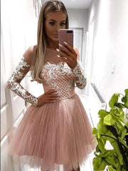 A-line Scoop Pink Lace Short Prom Dress Long Sleeve Homecoming Dress MHL086