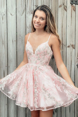 Pink Spaghetti Straps Lace Short Prom Dresses Homecoming Dresses MHL114