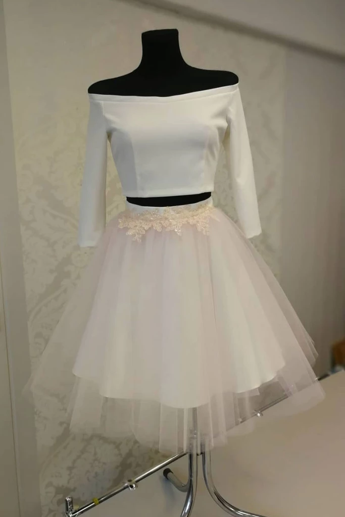 3/4 Sleeve Two Pieces Short Prom Dress Ivory Homecoming Dress MHL105