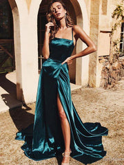 A-line Spaghetti Straps Long Prom Dresses Cheap Formal Gowns SED370