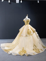 Off-the-shoulder Vintage Ball Gown Gold Applique Quinceanera Dresses SED387