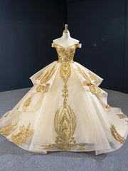 Off-the-shoulder Vintage Ball Gown Gold Applique Quinceanera Dresses SED387