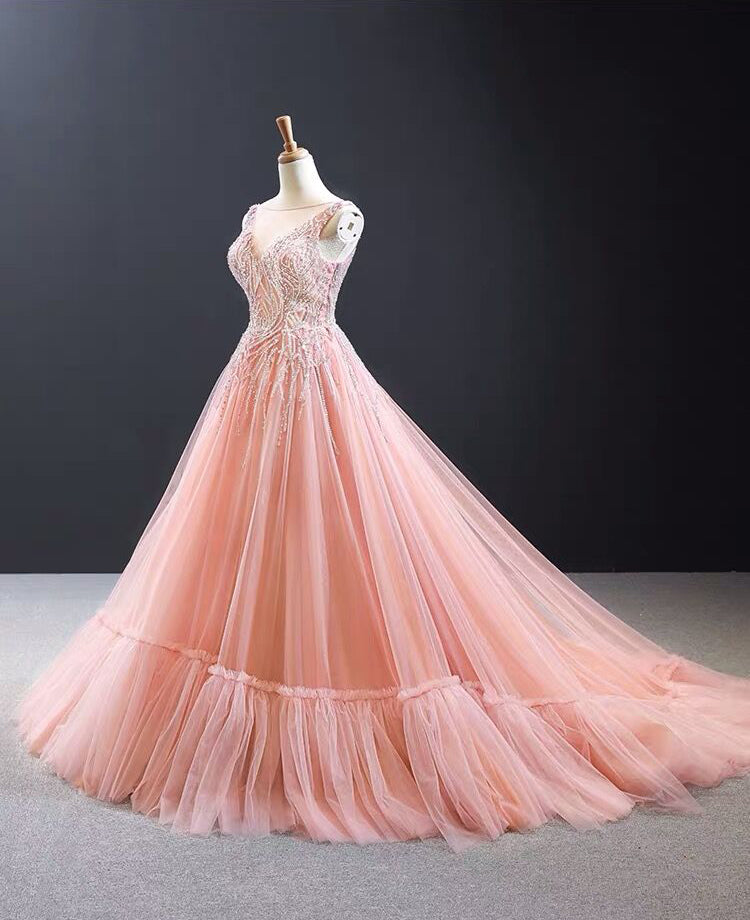 Luxurious Pink Long Prom Dress Sweep Train Ball Gown Quinceanera Dresses SED384