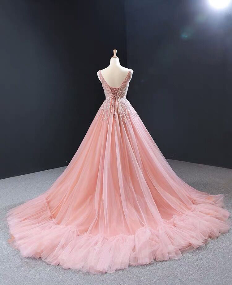 Luxurious Pink Long Prom Dress Sweep Train Ball Gown Quinceanera Dresses SED384