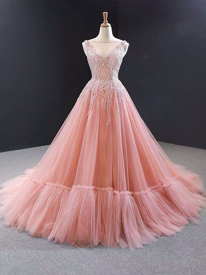 Luxurious Pink Long Prom Dress Sweep Train Ball Gown Quinceanera Dresses SED384