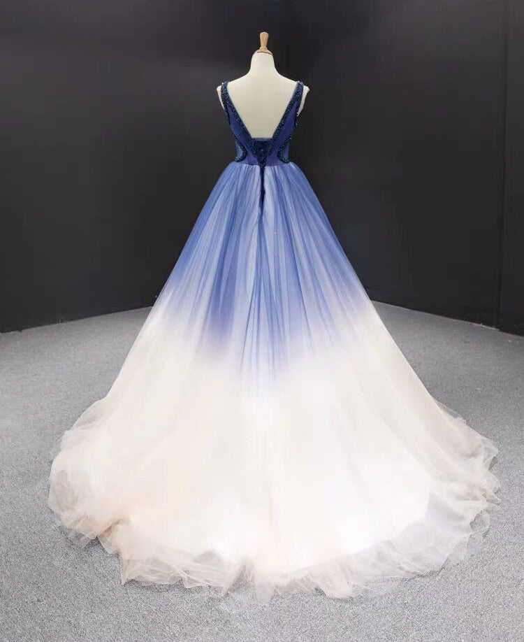 A-line V neck Ombre Long Prom Dress Tulle Quinceanera Dresses SED383