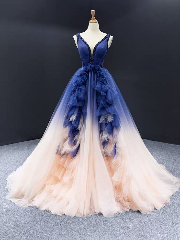 A-line V neck Ombre Long Prom Dress Tulle Quinceanera Dresses SED383