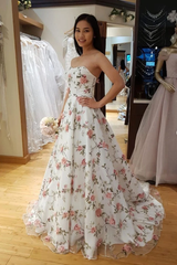 A Line 3D Flowers Long Prom Dresses Strapless Beautiful Floral Lace Prom Dress SED562|Selinadress