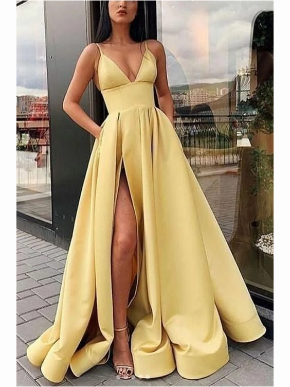 V Neck Open Back Yellow Floor Length Lace Long Prom Dresses, Spaghetti –  morievent