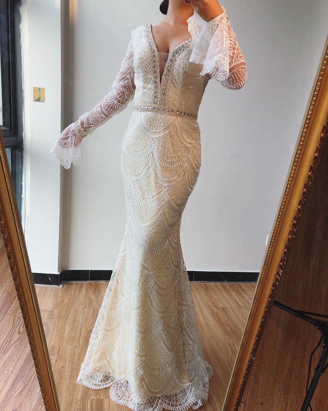 Trumpet/Mermaid V neck Lace Beaded Long Prom Dresses Formal Evening Gowns SED430|Selinadress