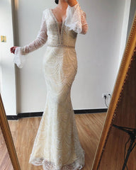 Trumpet/Mermaid V neck Lace Beaded Long Prom Dresses Formal Evening Gowns SED430|Selinadress