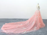 A-line V neck Peach Pink Tulle Lace Wedding Dress, Cathedral Train Formal Halter Prom Dress SEW043|Selinadress