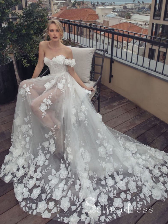 A Line 3D Flower Floral Lace See Through Sweetheart Neck Wedding Dress –  SELINADRESS