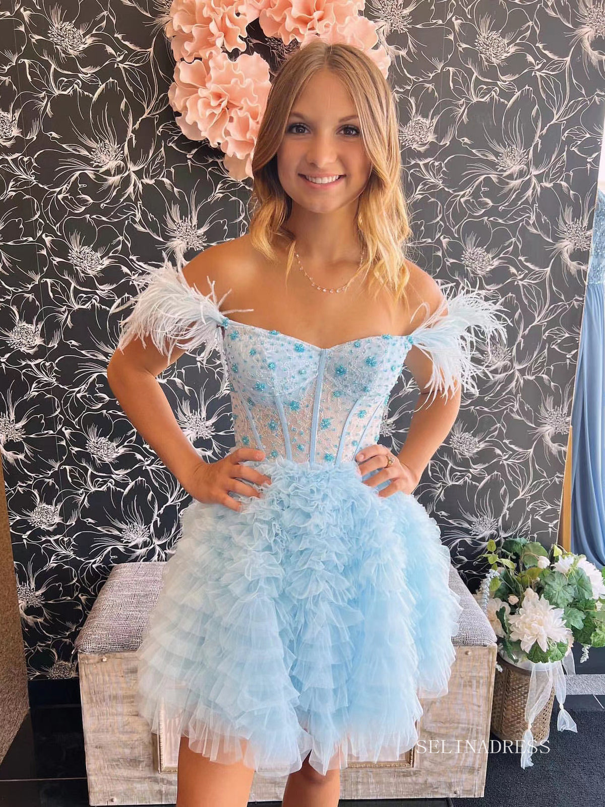 A-line Baby Blue Ruffles Homecoming Dresses 2022 Off-the-shoulder Graduation Dresses #TKL003|Selinadress