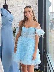 A-line Baby Blue Ruffles Homecoming Dresses 2022 Off-the-shoulder Graduation Dresses #TKL003|Selinadress