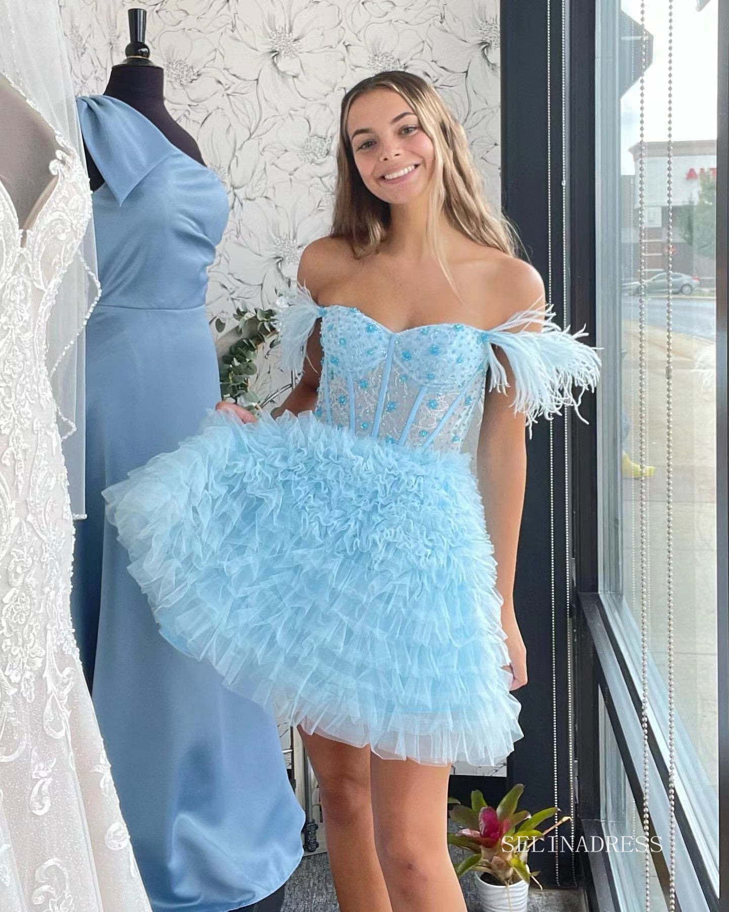 A-line Baby Blue Ruffles Homecoming Dresses 2022 Off-the-shoulder Graduation Dresses #TKL003|Selinadress