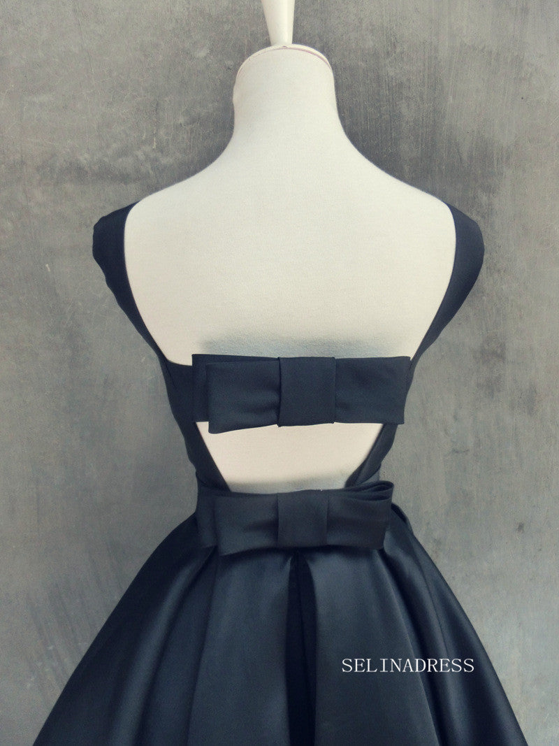 A-line Bateau Black Homecoming Dress With Bow Satin Short Prom Dresses EDS033|Selinadress