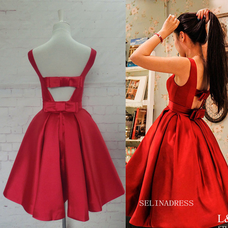 A-line Bateau Black Homecoming Dress With Bow Satin Short Prom Dresses EDS033|Selinadress